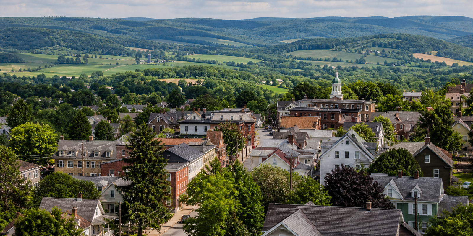 Town below wooded ridges A town of houses and brick buildings below green wooded ridges.