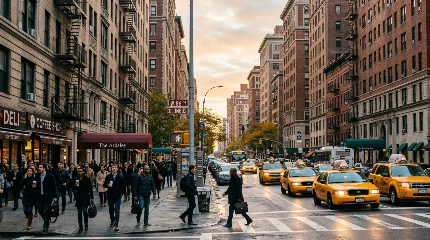Manhattan street with prewar apartment buildings and morning city activity.