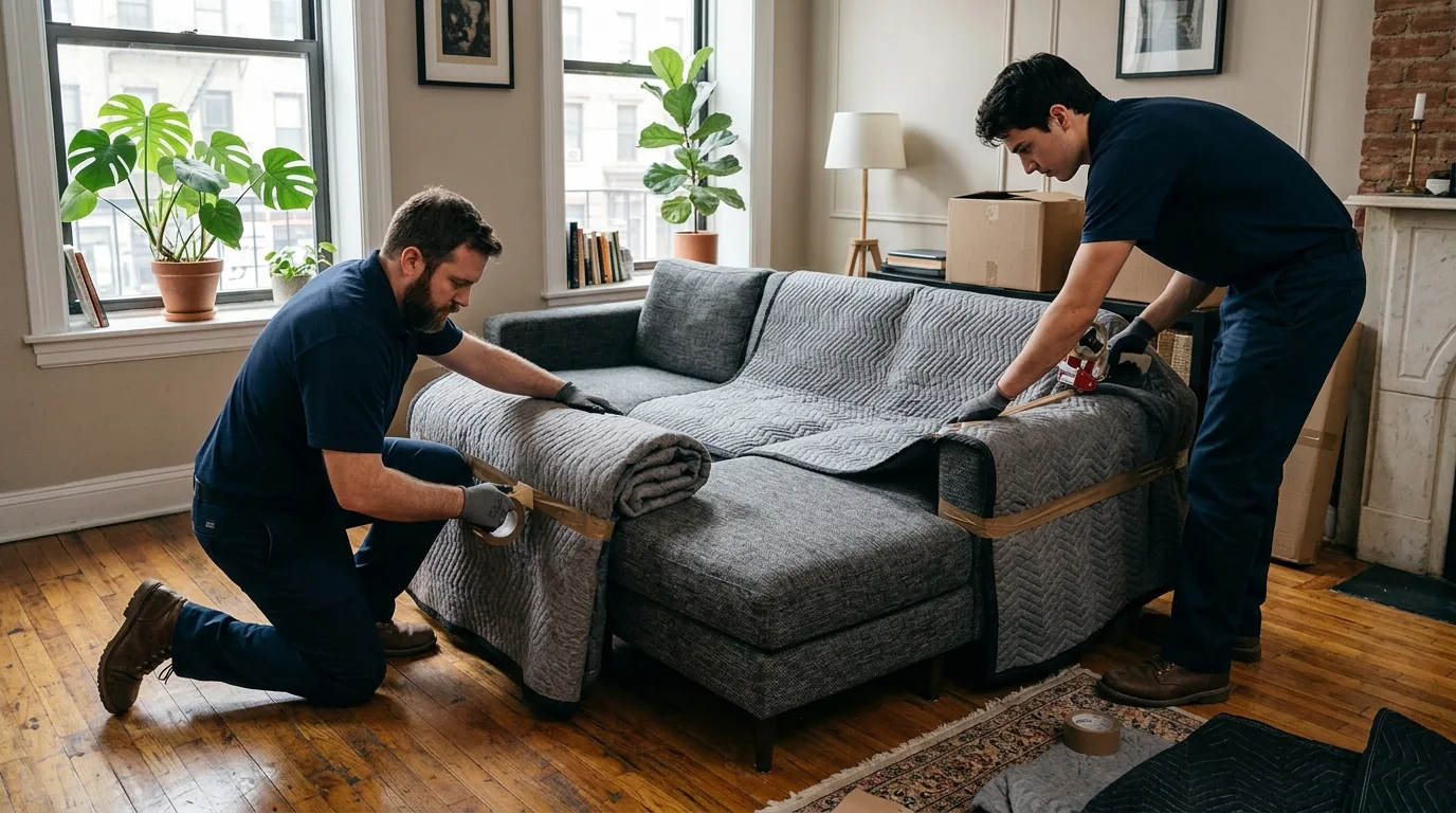 Movers wrapping a sofa with blankets and tape in a New York apartment.