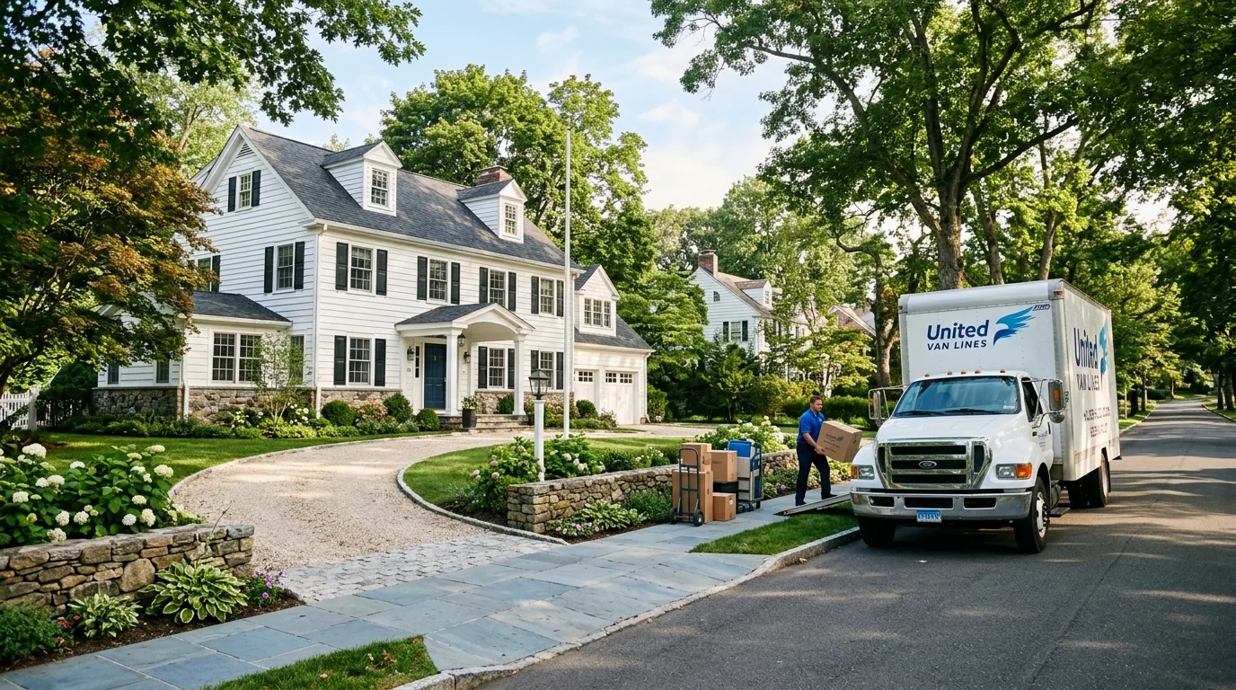 Moving truck on a leafy Greenwich street with New England-style homes and wide driveways.