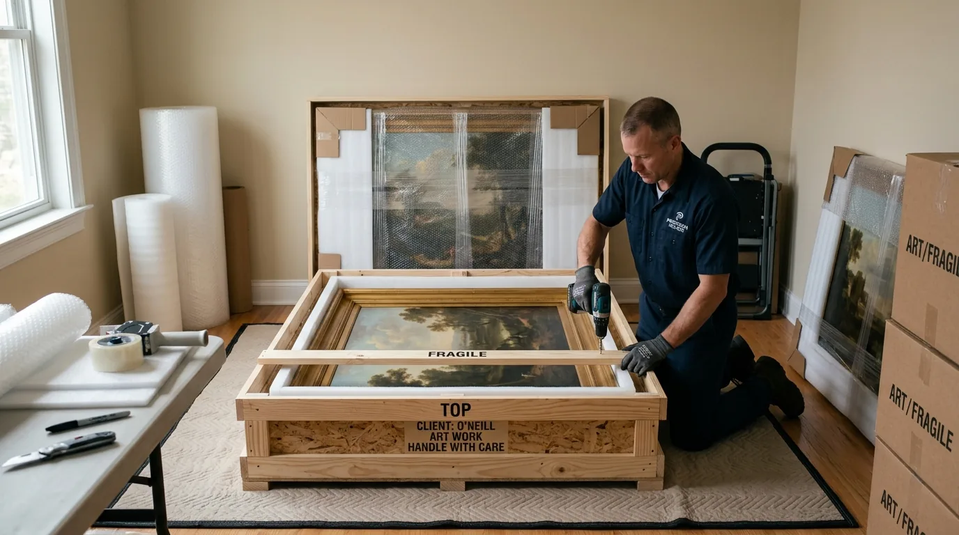 Mover crating a large painting with wood and foam for safe transport.