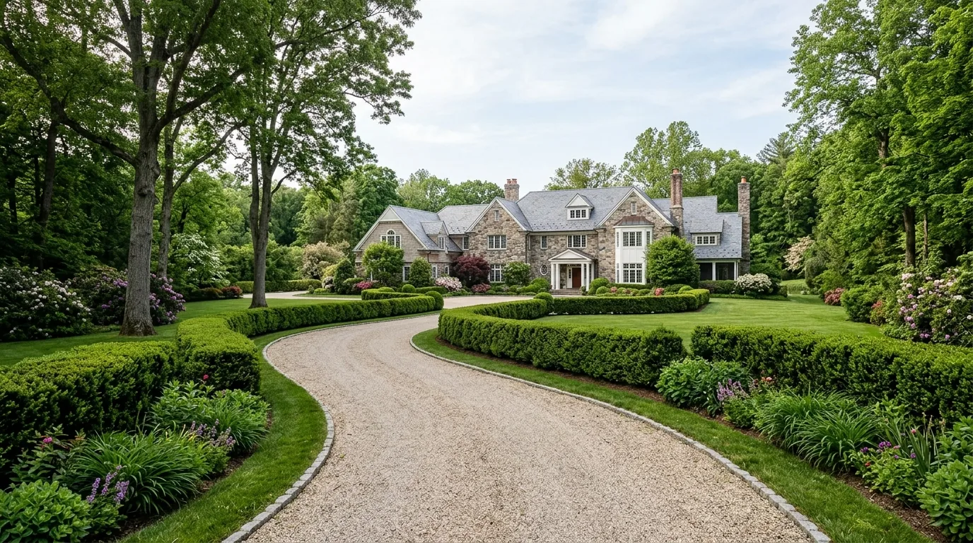 Gravel driveway at a Greenwich estate home with trees and hedges.