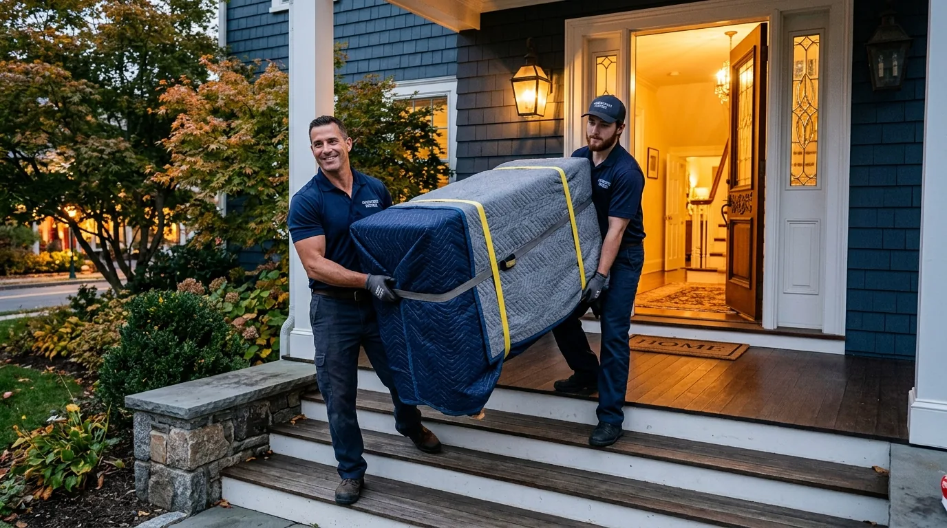 Movers carrying a wrapped dresser into a Greenwich home at the end of a move.