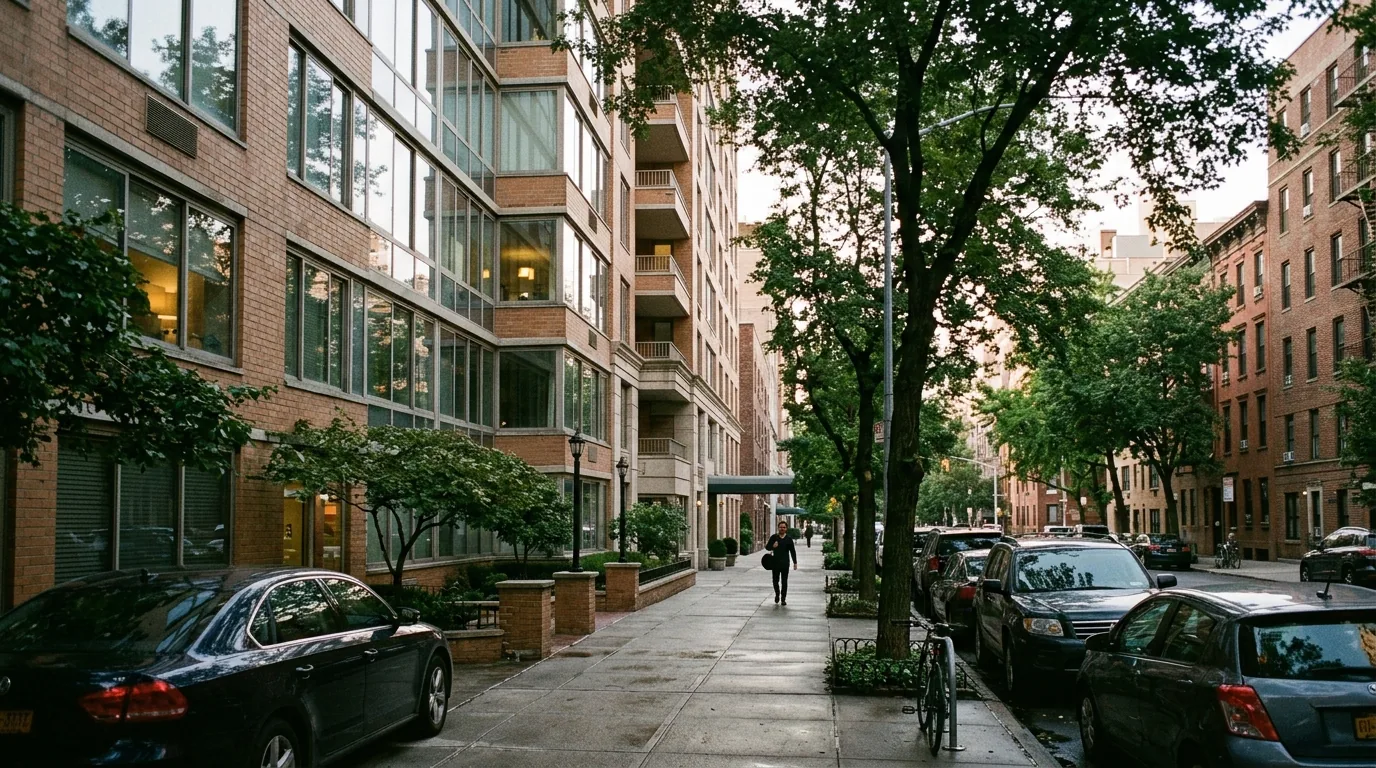Manhattan high-rise apartment building with leafy sidewalk and parked cars.