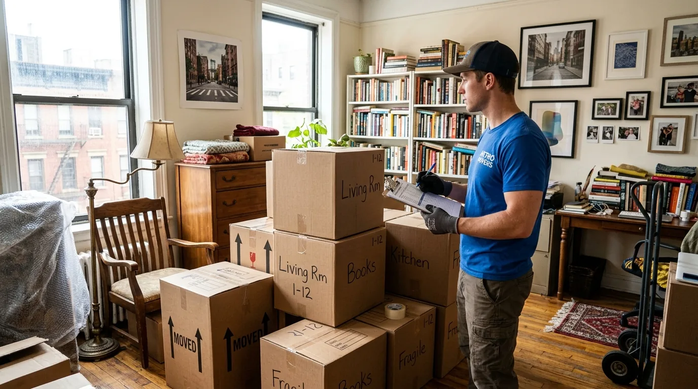 Mover with clipboard surveying boxes and furniture in a lived-in NYC apartment.