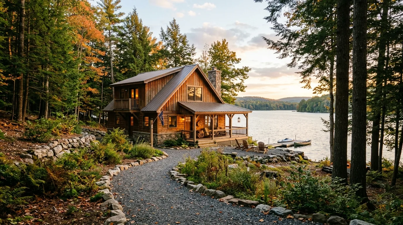 Lake house with wood siding and pine trees near Hawley, PA in afternoon light.