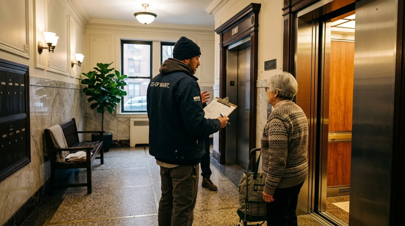 Reviewing building access by an elevator A person with a clipboard discussing access with another person beside a building elevator.