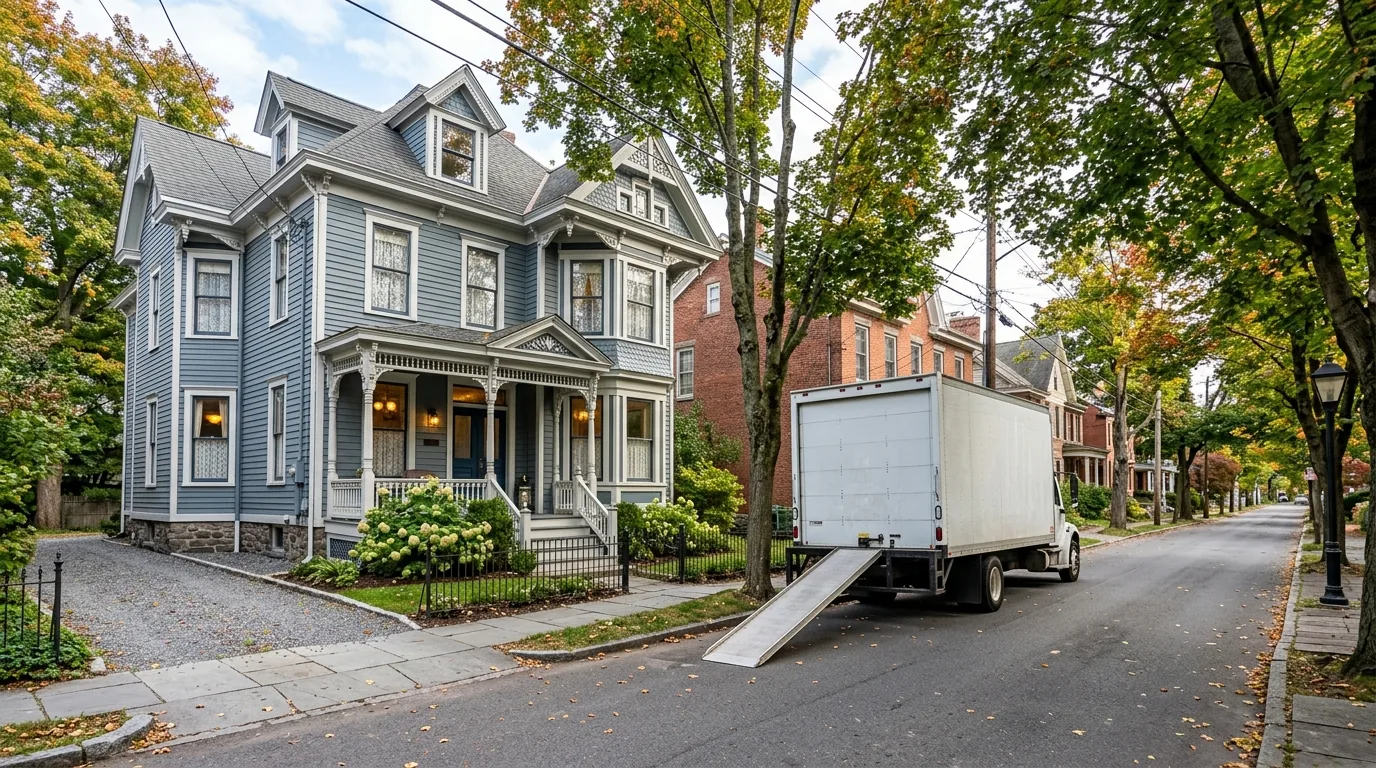 Moving truck parked on a narrow, tree-lined street in Hudson, NY near a Victorian home.