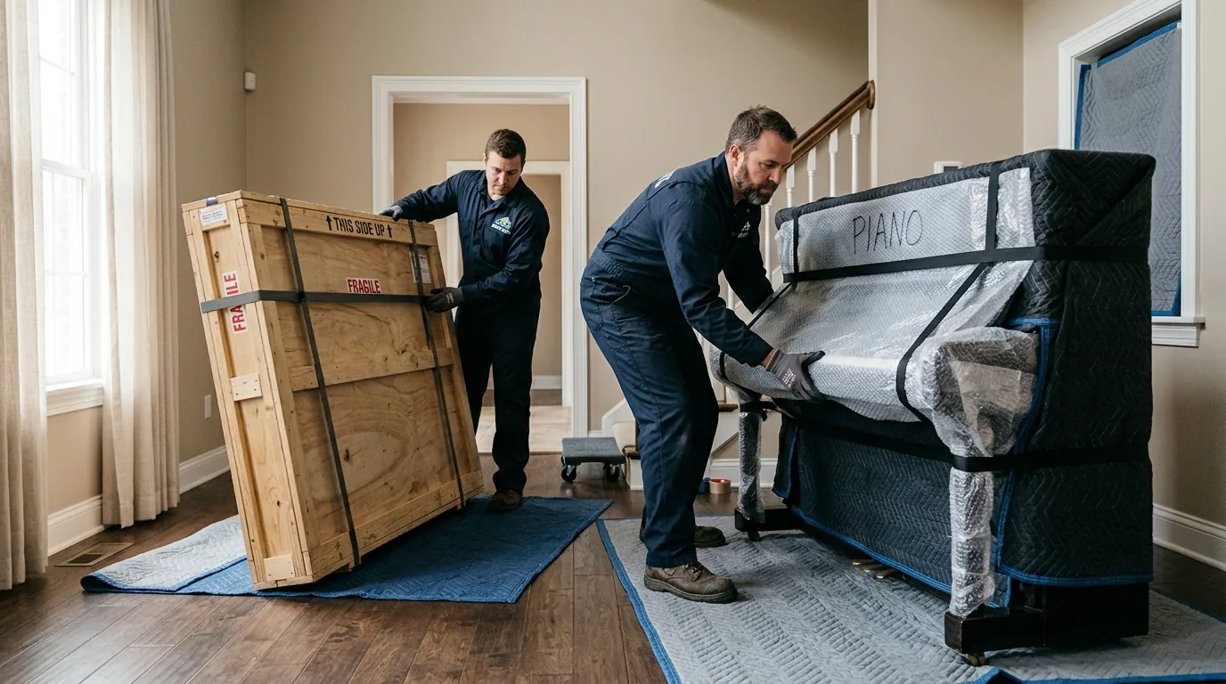 Movers handling a crated painting and wrapped piano in a home interior.