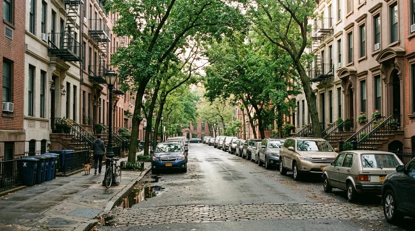 Manhattan residential street with prewar apartments and brownstones in morning light.
