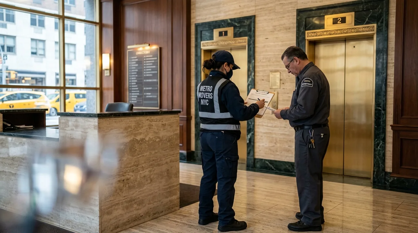 Mover with clipboard in a New York apartment lobby, checking paperwork with building staff.