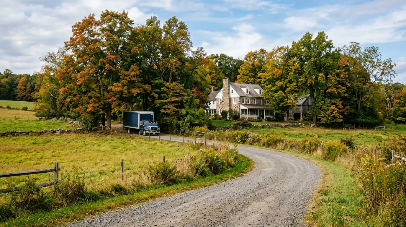 Moving truck parked on a gravel driveway near a historic farmhouse in Ringoes, NJ.
