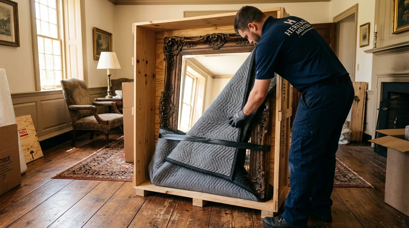 Mover wrapping an antique mirror in blankets and placing it in a wooden crate.