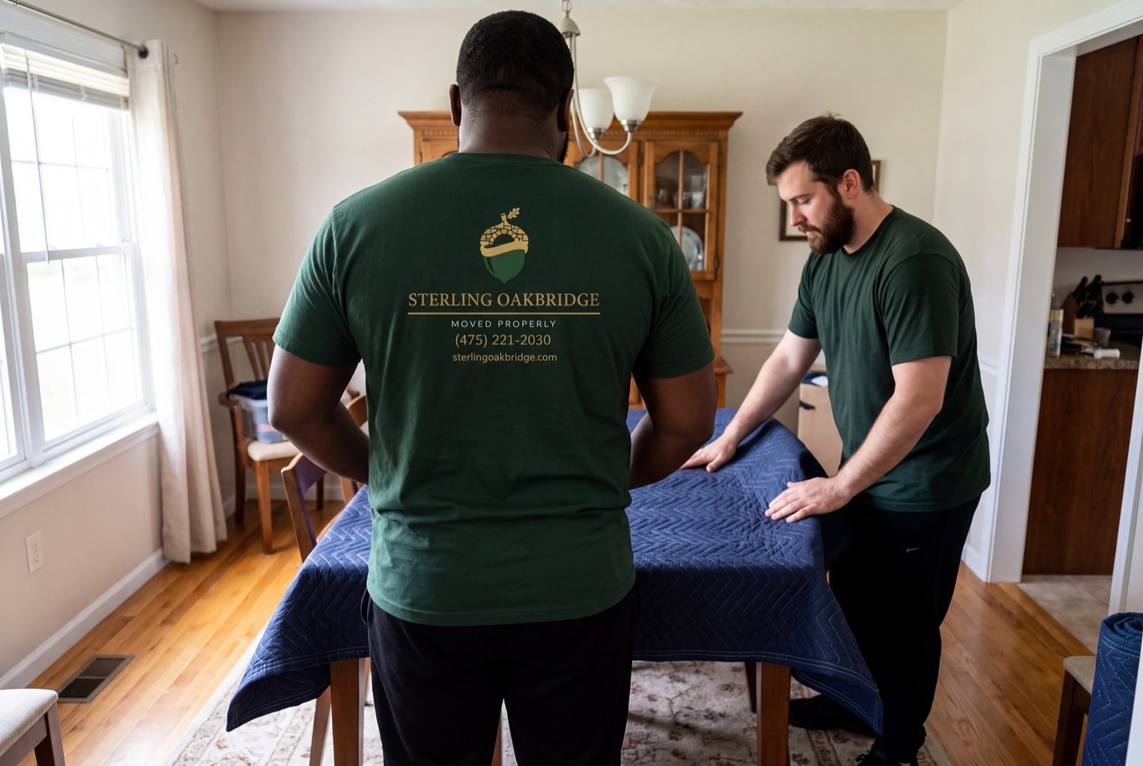 Preparing furniture with moving blankets Two movers arranging a padded moving blanket over furniture in a furnished room.