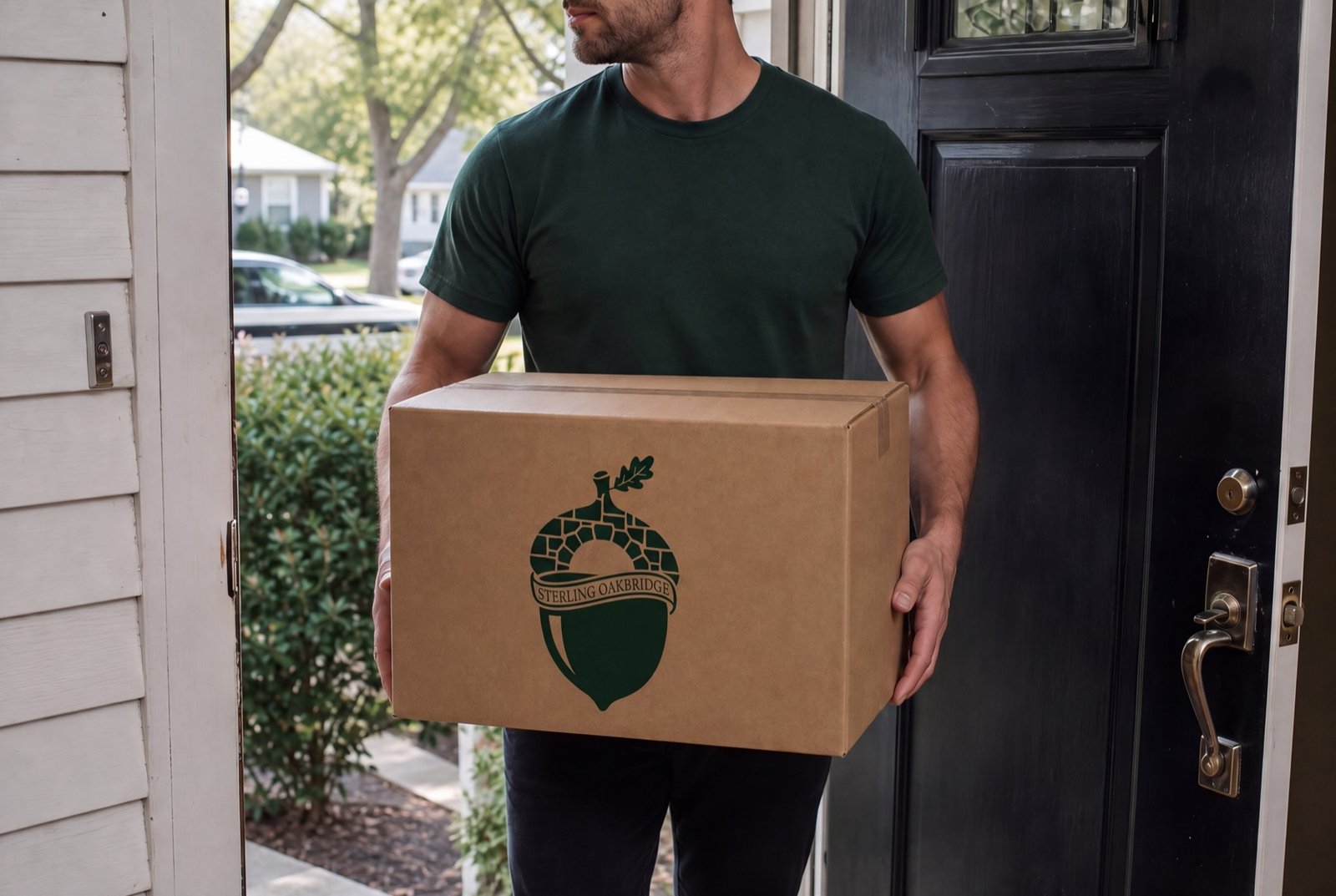 Carrying a moving carton A mover carrying a cardboard moving carton through a doorway.