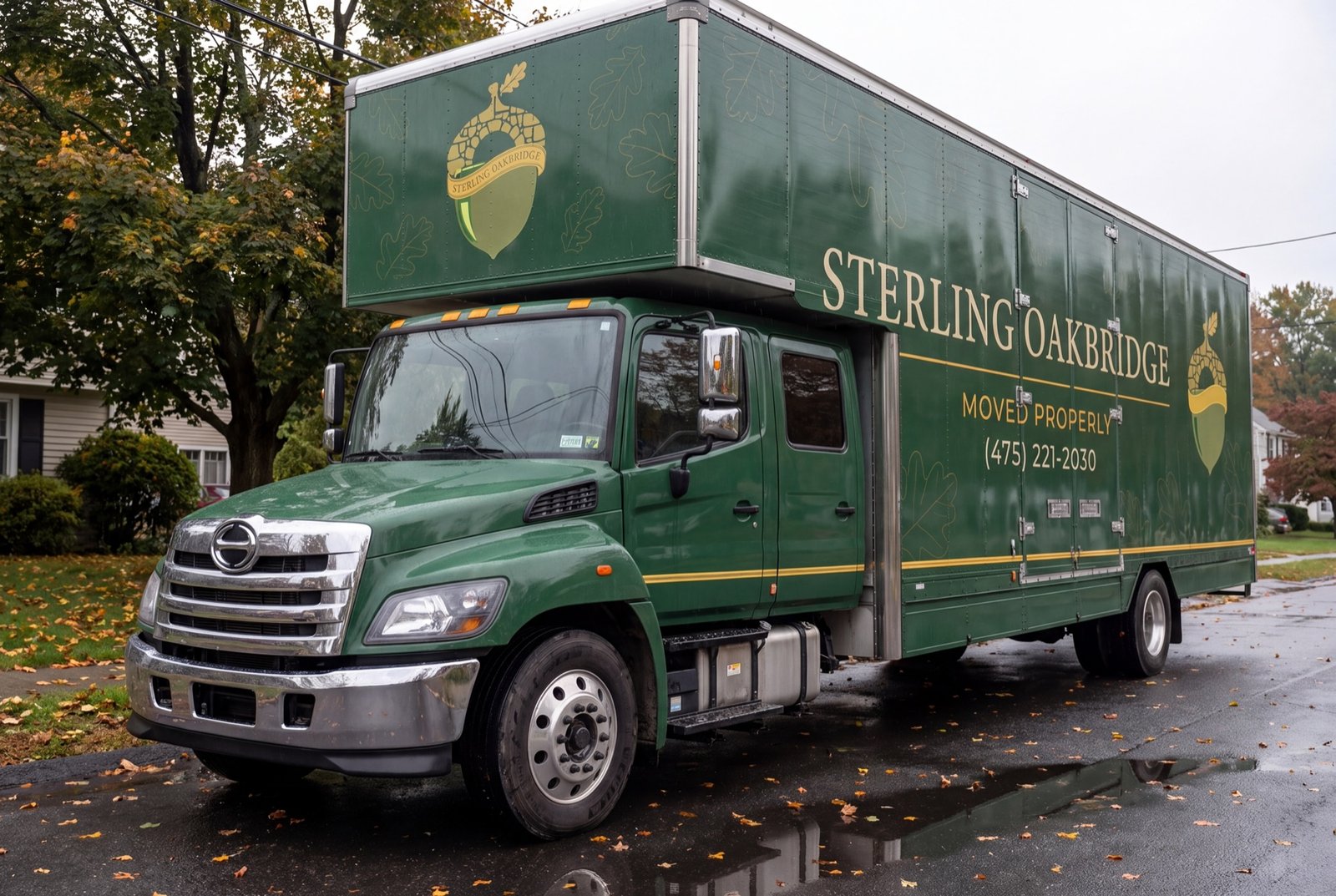Sterling Oakbridge moving truck A green Sterling Oakbridge moving truck parked on a tree-lined residential road.