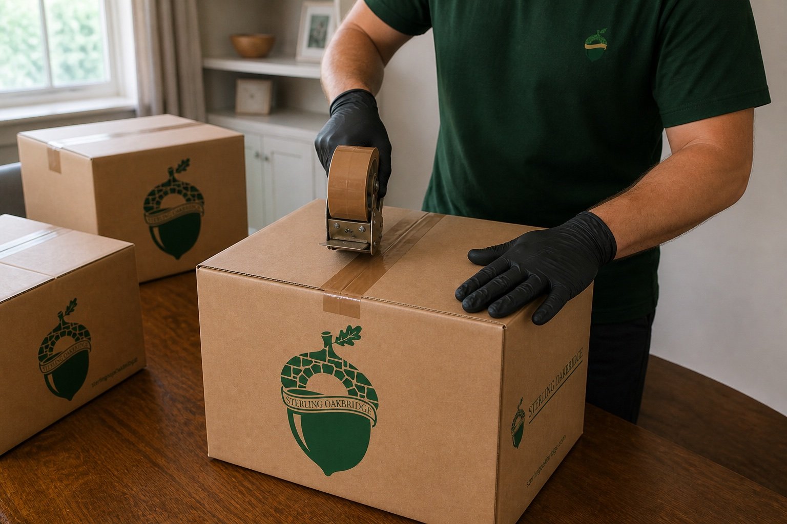 A Sterling Oakbridge mover sealing a branded kraft moving carton A Sterling Oakbridge mover sealing a branded kraft moving carton