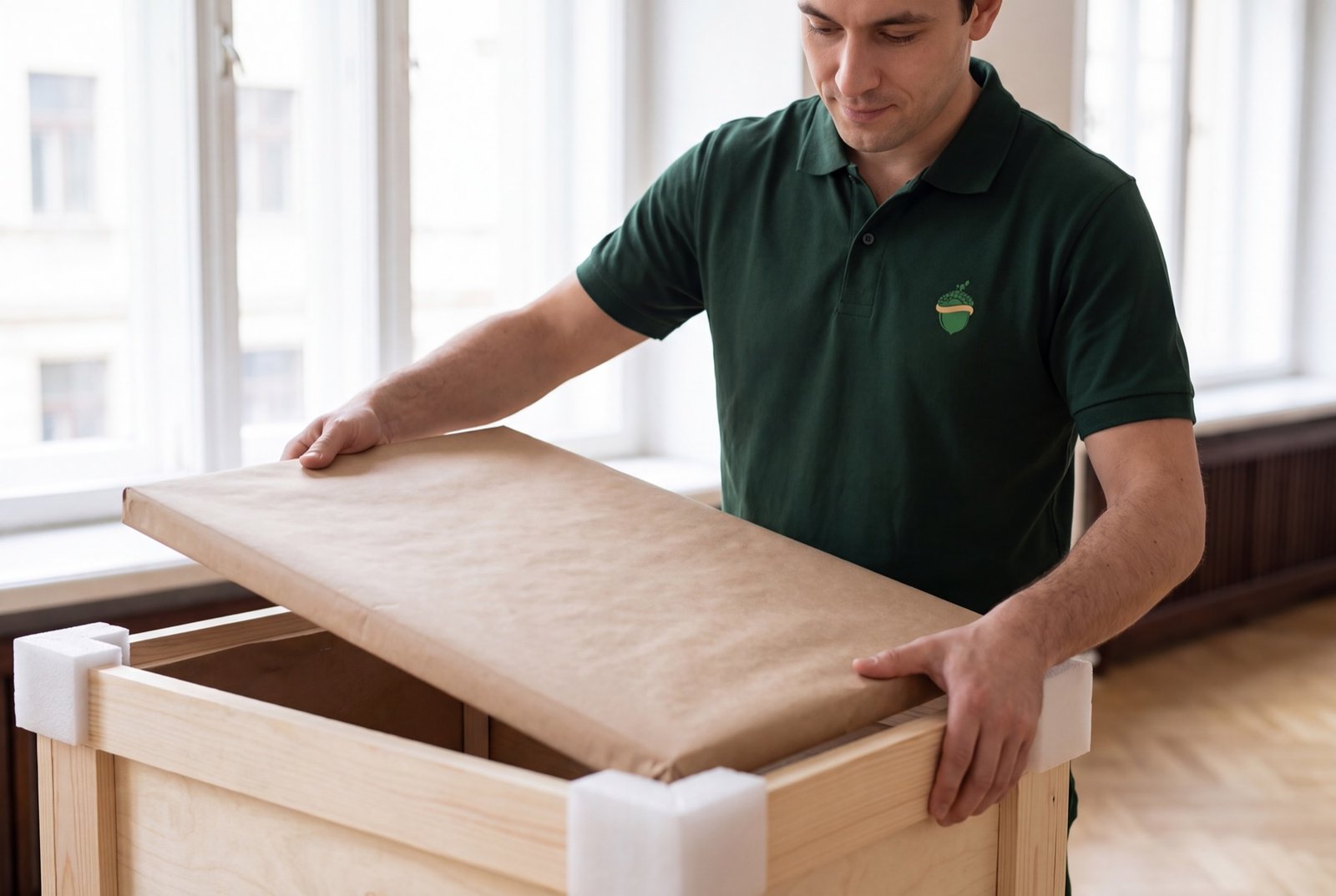 Preparing a wooden art crate A mover fitting a wooden panel to a padded transport crate.