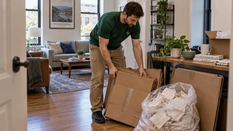 A worker groups empty cartons beside used packing paper and a clear walking route A Sterling Oakbridge worker gathering empty cartons and used paper beside a clear walking route