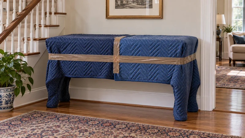 Antique console protection Two full-size blankets protect a fixed-leg antique console.