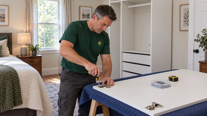 A mover fitting a concealed hinge to a wardrobe door supported flat on a padded surface A mover fitting a concealed hinge to a wardrobe door supported flat on a padded surface