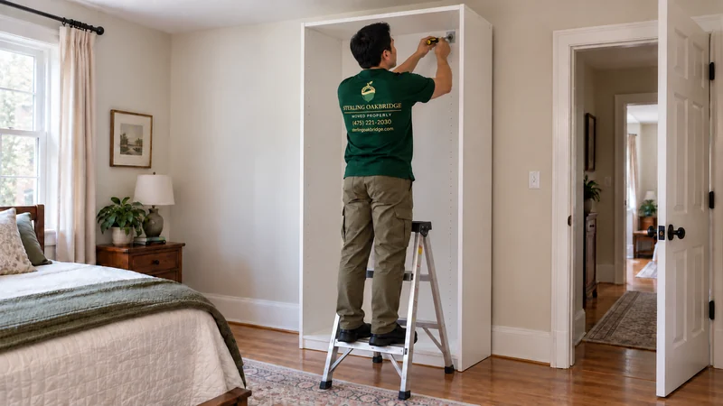 A mover on a stable step ladder securing the high inside rear corner of a wardrobe A mover on a stable step ladder securing the high inside rear corner of a wardrobe