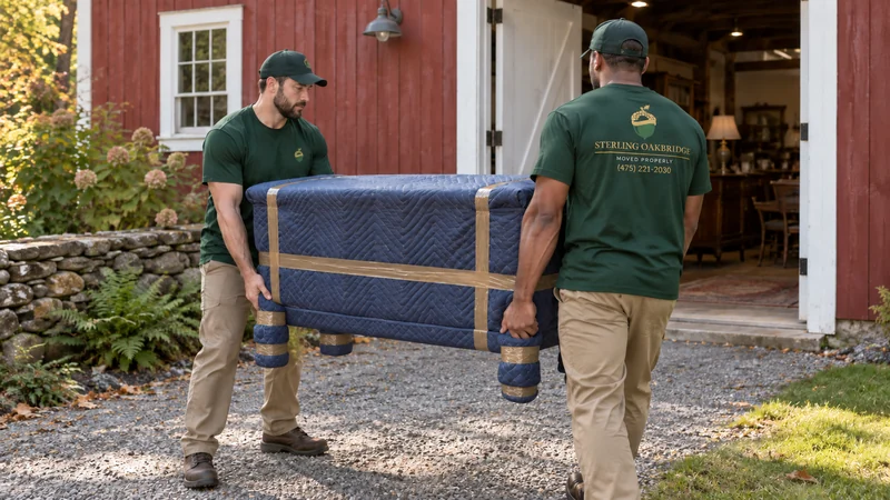 Movers carrying a protected sideboard from a representative estate-sale property Movers carrying a protected sideboard from a representative estate-sale property