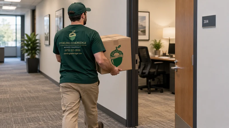 Carrying a packed box into the office A mover carries a packed box into the new office