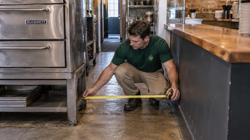 Measuring the space beside a kitchen oven A mover measures the gap between the oven and counter