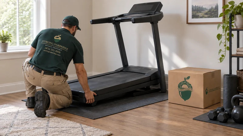 An assembled treadmill placed on an equipment mat in a receiving room An assembled treadmill placed on an equipment mat in a receiving room