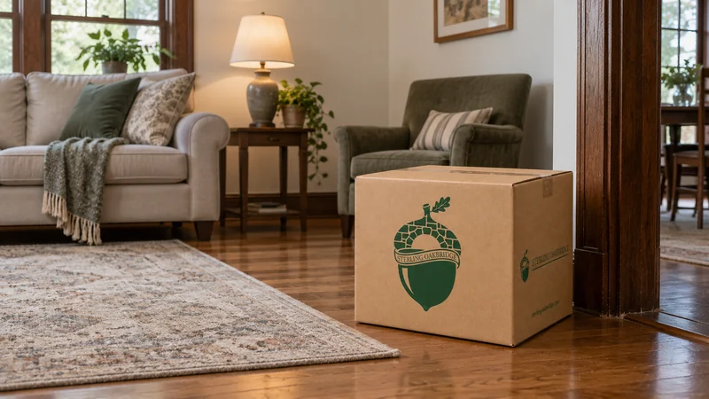 Furniture and a packed carton stand beside a clear room-to-room route A temporary furniture layout with a clear walking route