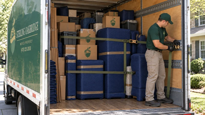 A dense mixed household truck load with protected furniture, cartons, customer totes and secured side supplies A dense mixed household truck load with protected furniture, cartons, customer totes and secured side supplies