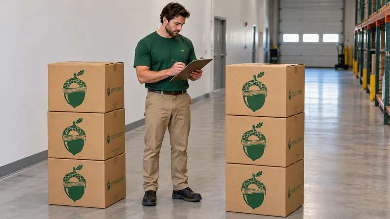 A mover checking six sealed branded cartons grouped as a small shipment A mover checking six sealed branded cartons grouped as a small shipment