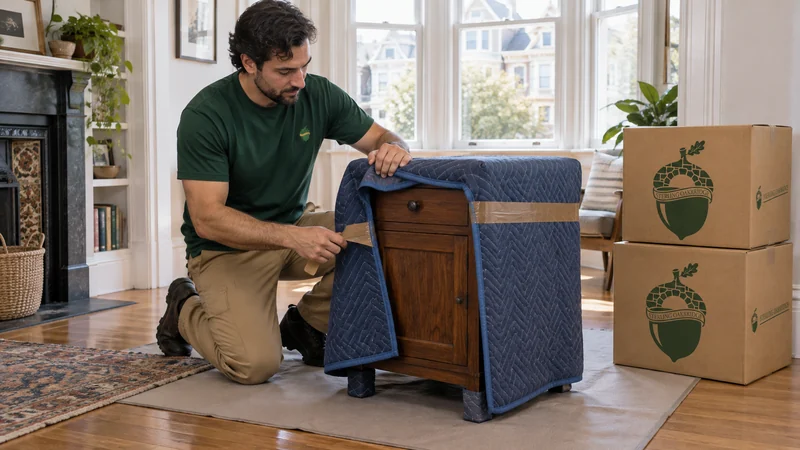 A mover removing packing tape from a protective furniture blanket in a prepared receiving room A mover removing packing tape from a protective furniture blanket in a prepared receiving room