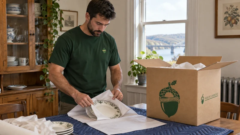 A Sterling Oakbridge mover wrapping a plate beside a branded China carton A Sterling Oakbridge mover wrapping a plate beside a branded China carton