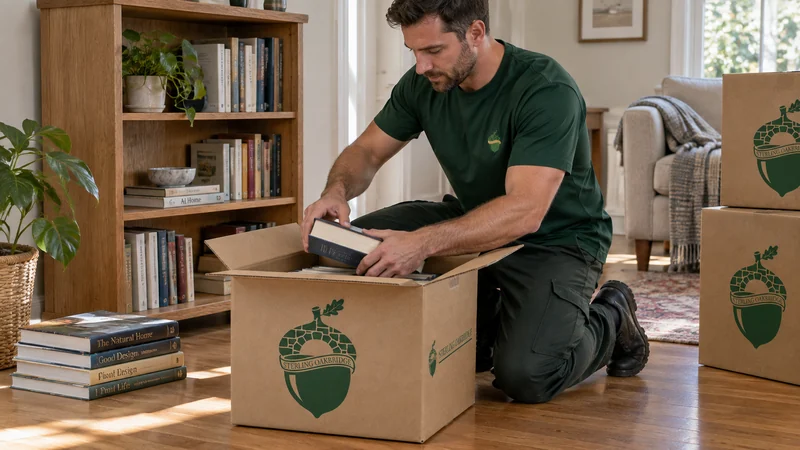 A mover packs books in a small branded Book carton Books being packed into a small branded Book carton