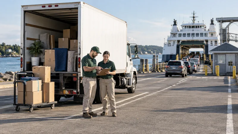 Workers review a household shipment beside a moving truck at a vehicle-ferry terminal Workers review a household shipment beside a moving truck at a vehicle-ferry terminal.