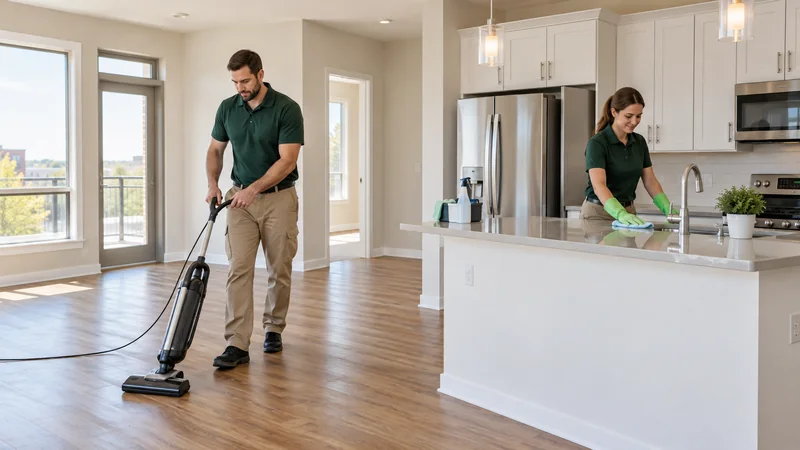 Two workers vacuum a cleared apartment floor and wipe a kitchen counter Two workers vacuum a cleared apartment floor and wipe a kitchen counter.