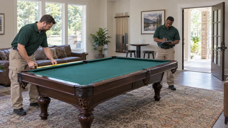 Workers inspect a green-felt pool table and measure its room exit Workers inspect a green-felt pool table and measure its room exit.