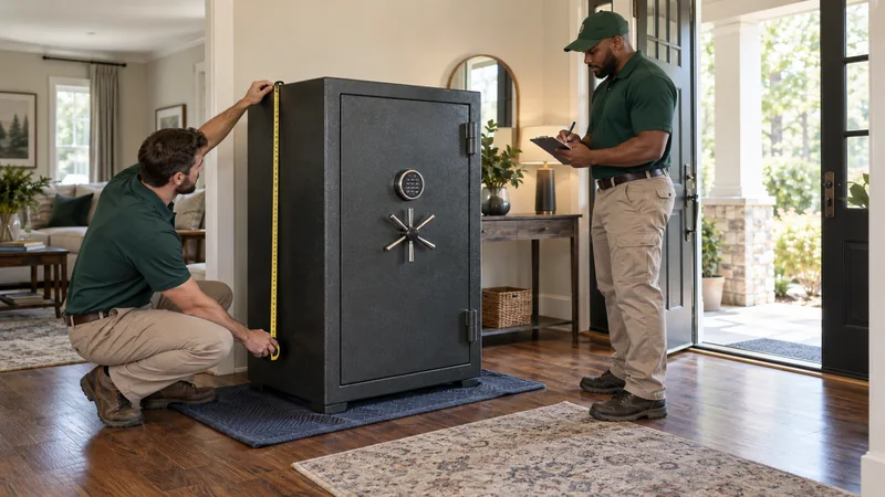 Two workers measure a closed steel safe and review the room exit Two workers measure a closed steel safe and review the room exit.