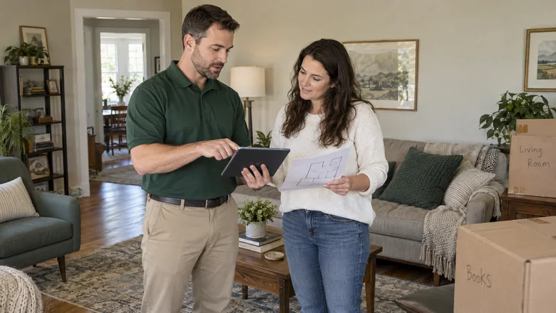 A move-planning coordinator and customer review a tablet inventory and room plan A move-planning coordinator and customer review a tablet inventory and room plan.